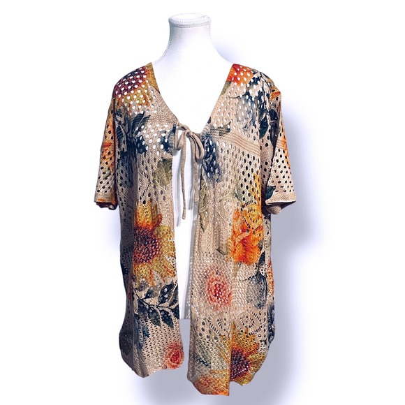 Unbranded Sweaters - Floral Crochet Tie Front Cardigan XL Tan Sunflower Boho Cottagecore Casual